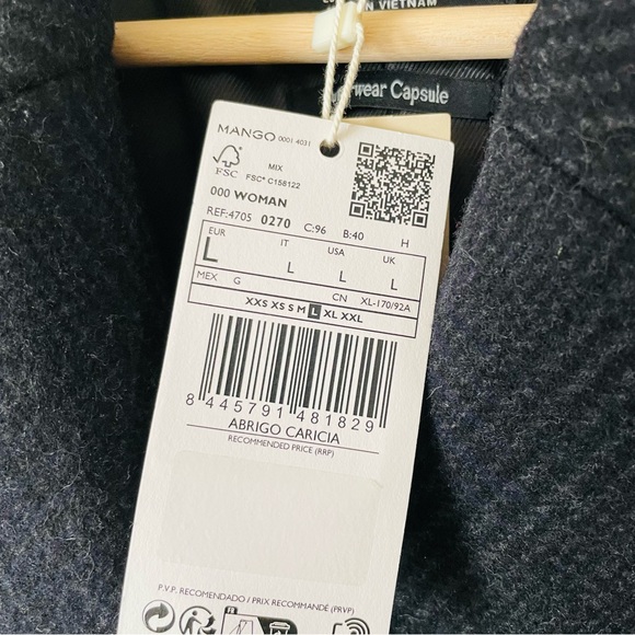 NWT Mango LARGE Check Wool-blend double breasted pea coat- black/gray - Picture 7 of 11